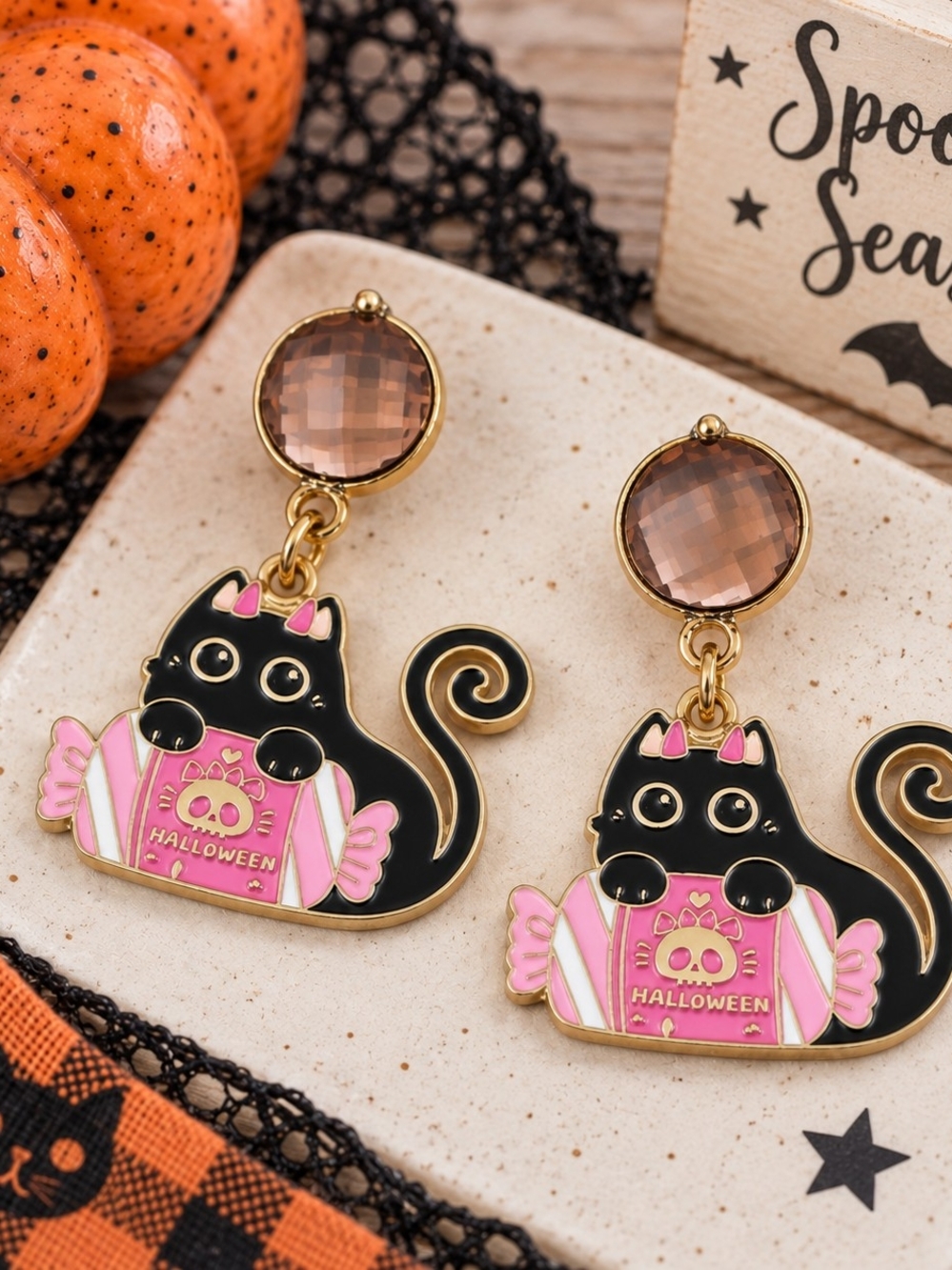 Black Cat Halloween Candy Earrings Pink Crystal Spooky Dangle Gold Tone